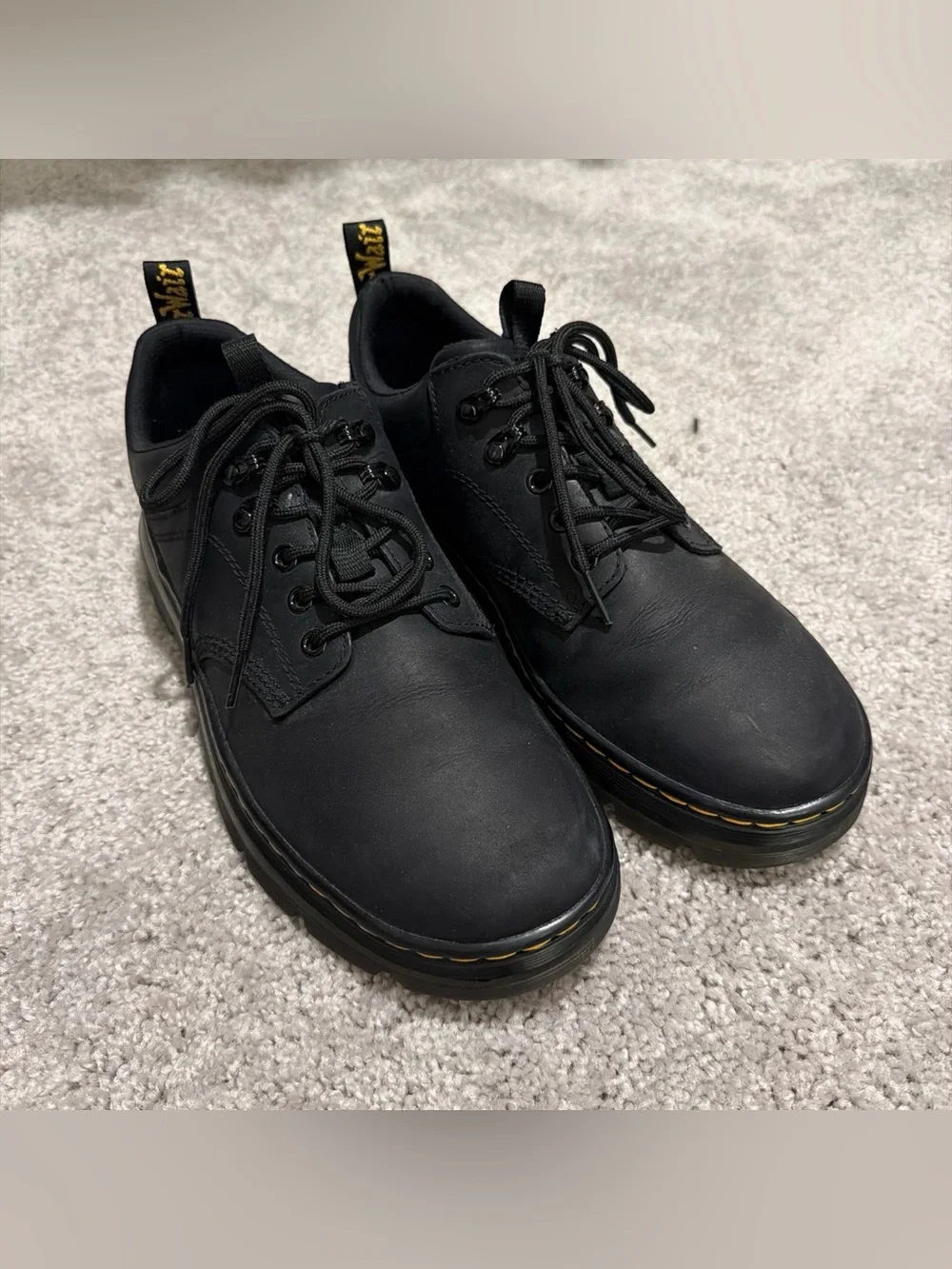 Dr. Martens Reeder Black Leather Lace-Up with Yellow Welt Stitching